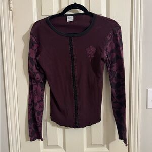 Dark Red Long Sleeve Top with Floral Accents